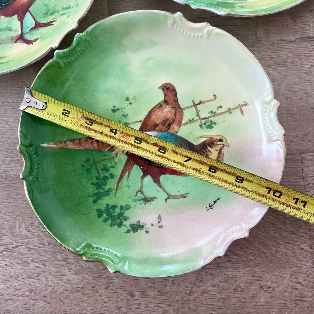 3 PCs Antique Coronet Limoges Porcelain Pheasants 10” Plates - Signed L Coudent‎